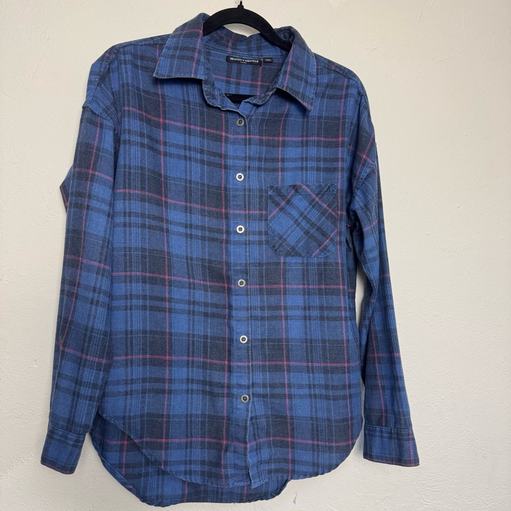 Brandy‎ Melville Pink Blue Plaid Flannel Tartan Button Down Shirt